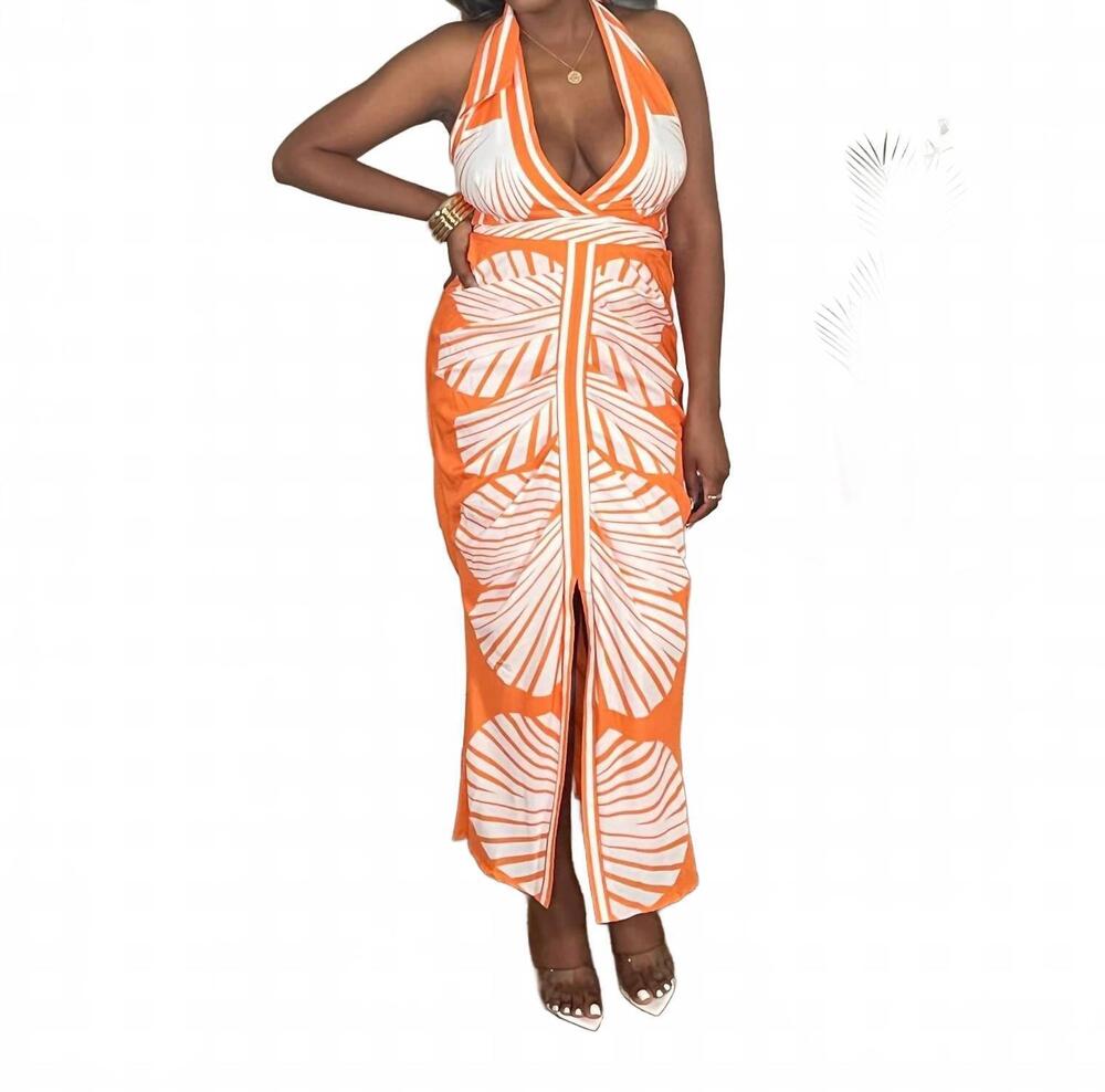 NEW CHICWAYS sunny livin' palm print dress in orange